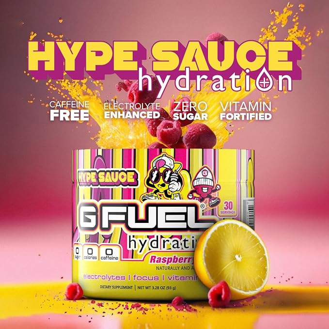 G Fuel Hype Sauce Supreme Hydration, Electrolyte Powder Mix for Energy & Focus, Sugar and Caffeine Free Supplement with Essential Vitamins & Minerals, Raspberry Lemonade Flavor, 3.3 oz - 30 Servings