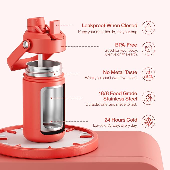 Kids Insulated Water Bottle with Straw - 12oz Stainless Steel Water Bottle with Dual Spouts, Leak-Proof, BPA-Free, Double Wall Vacuum Keeps Cold for 24 Hours for Sports, Travel, School (Tawny Orange)