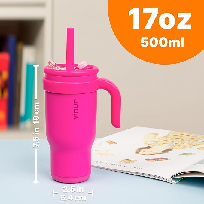 VINUR Kids Tumbler with Handle-17 oz Stainless Steel Double Wall Vacuum Insulated Tumbler Travel Water Cup with Lid and Straw (Rose Pink)