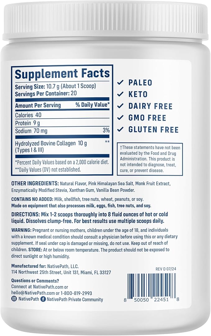 NativePath Collagen Peptides - Hydrolyzed Type 1 & 3 Collagen. Keto & Paleo Grass-Fed Protein Powder for Hair, Skin, Nails, Bones, Joints, Digestion and More - No Gluten or Dairy (Vanilla Bean, 214g)