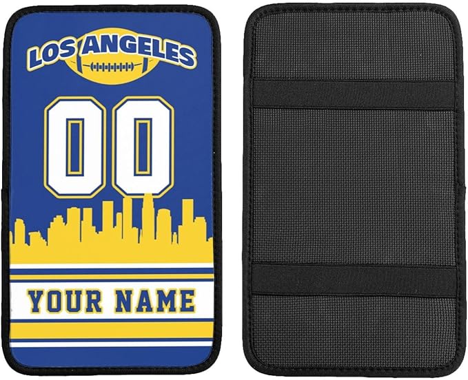 Custom Los Angeles R Car Armrest Covers Personalized Football Style with Name Number Customized Auto Center Console Pad Car Handrail Box Cushion for Most Vehicle Decor Accessories, Fans Gift