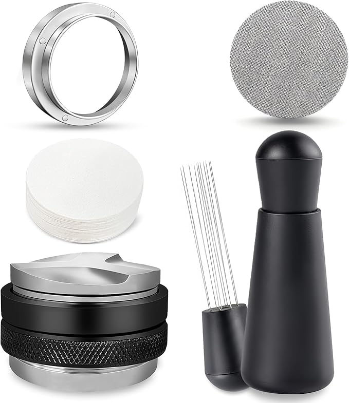 51mm Espresso Accessories Kit Fits Delonghi 51mm Espresso Machines and Portafilters, Espresso Tamper Kit with Dual Head Tamper & Distributor, WDT Tool, Dosing Funnel, Puck Screen, Filter Papers