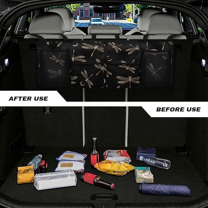 Car Trunk Organizer & Backseat Hanging Organizer with 2 Large Storage Bag & 2 Mesh Pockets,Trunk and Backseat Storage Bag for SUVs & RVs,37.01x11.81 inch,Golden Dragonfly Moon