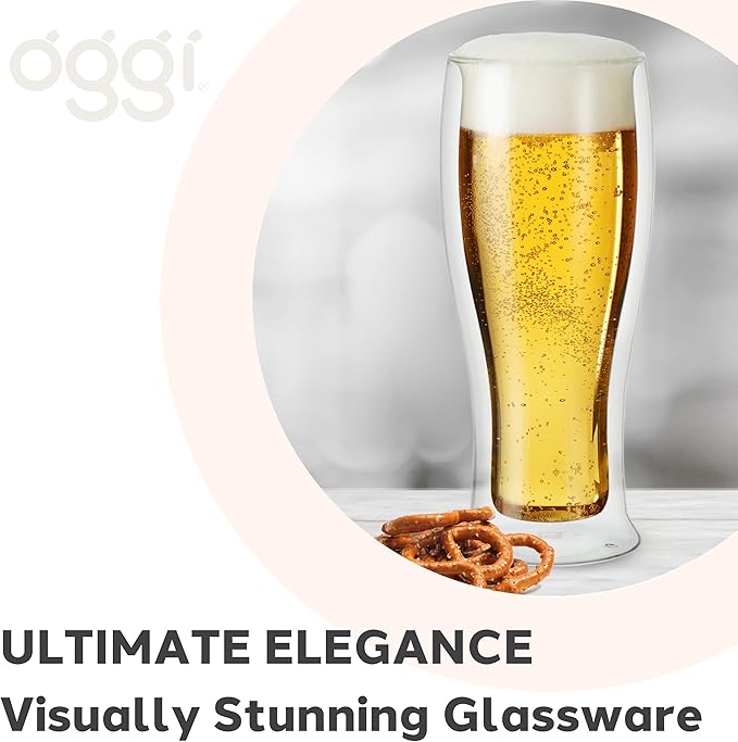 Oggi Beer Double Wall Insulated Glass Mug, Ideal for IPA ale lager stout pilsner, Beer Stays Cool Longer Even Outdoors, Visually Stunning, 14oz / 400ml, Set of 2