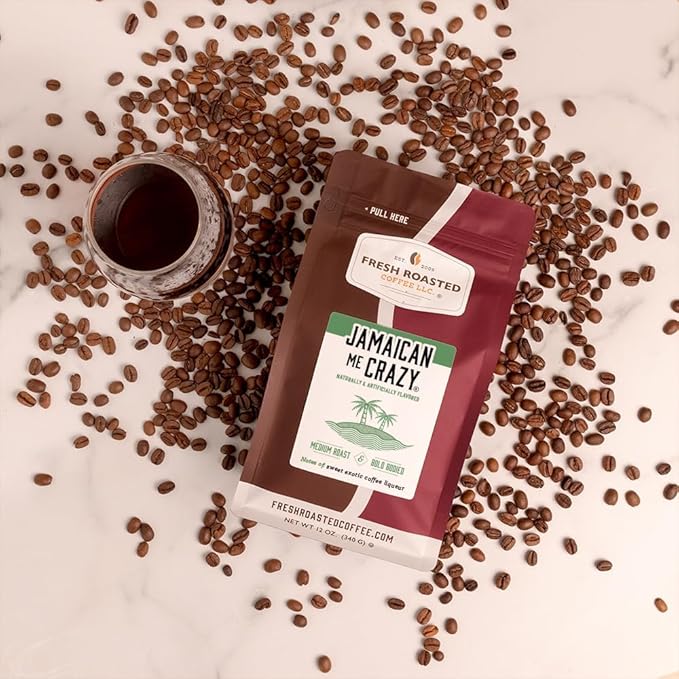 Fresh Roasted Coffee, Jamaican Me Crazy Flavored Coffee, 12 oz, Medium Roast, Kosher, Ground