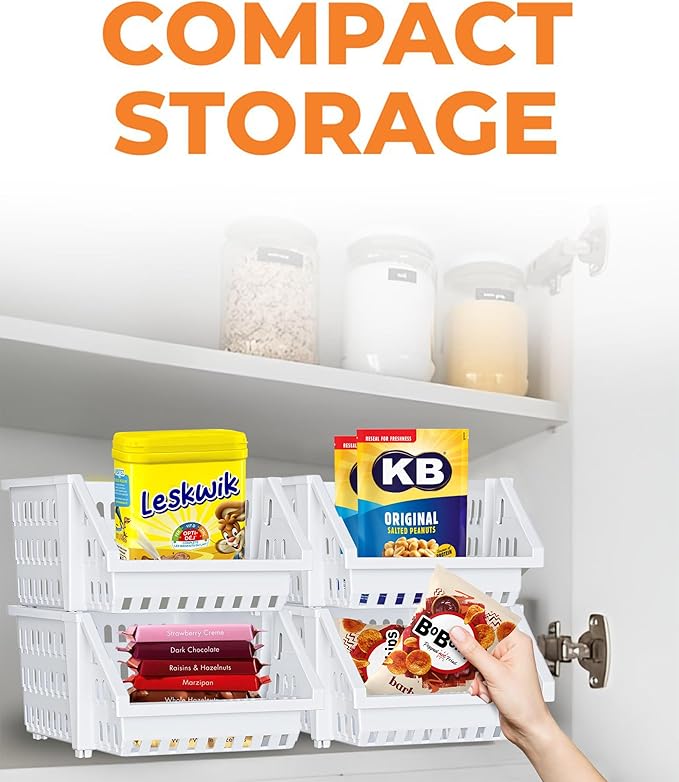 Small Stackable Storage Bins Open Front for Pantry Storage, 12 Pack - White | Sturdy Plastic, Easy Stacking, Open Front Access, Ventilated Sides, Vertical & Space Saving Pantry Organizers and Storage Bin