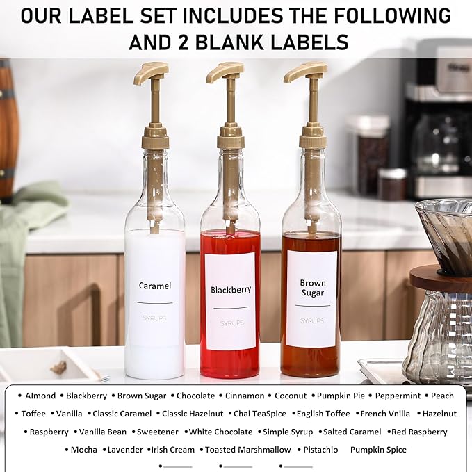 Bokon Coffee Syrup Dispenser 25.4 oz 750 ml Drinking Syrup Pump Bottles with Comprehensive Label Set and Funnel for Coffee Bar Accessories Essentials(Gold,4 Pcs)