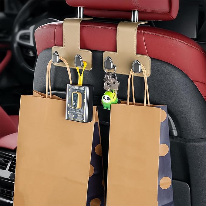 2PCS Car Headrest Hook, Dual Hook Leather Vehicle Back Seat Storage Organizer for Handbag Purse Hat, Multifunction Automotive Seat Back Hanger Holder, Universal for Most Vehicles (Beige)