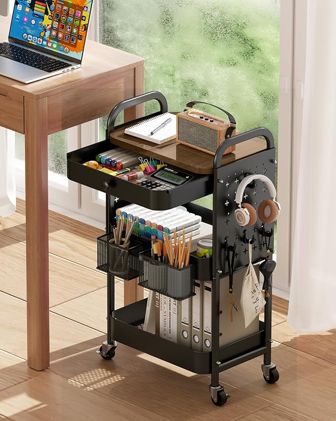 ALVOROG Rolling Cart with Drawer and Wood Table Top, 3 Tier Metal Rolling Utility Cart on Wheels with DIY Pegboards, Hanging Baskets, Hooks for Bedroom,Office,Craft Supplies (Black)