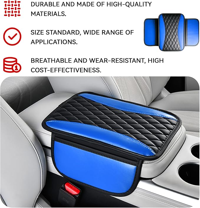 Patchwork Leather Center Console Cover, Upgraded Car Armrest Cover with 2 Storage Bags, Universal Arm Rest Covers for Car, Vehicle Interior Accessories Middle Console Cushion Organizer (Blue)