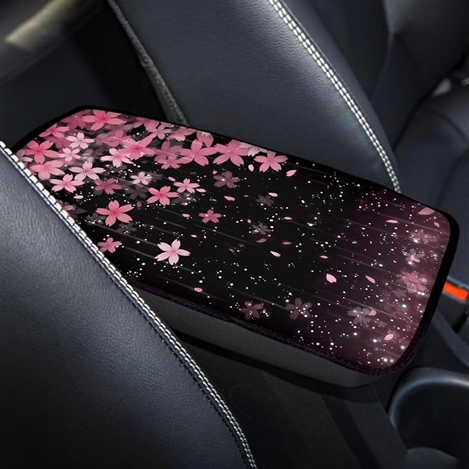 Pink Flower Car Armrest Pad for Women Cherry Blossom Car Accessories Decor Soft Center Console Arm Rest Protector Cover Universal for SUV Van Sedan Truck