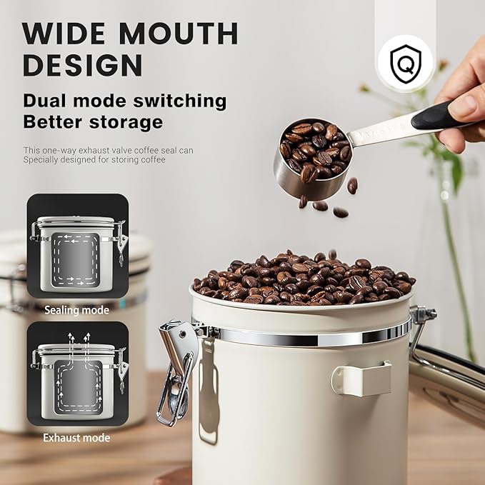 Airtight Coffee Container with Date Tracker & Spoon - Kitchen Storage Jar for Coffee Grounds, Cereal, Beans, Sugar (Beige, 16OZ)