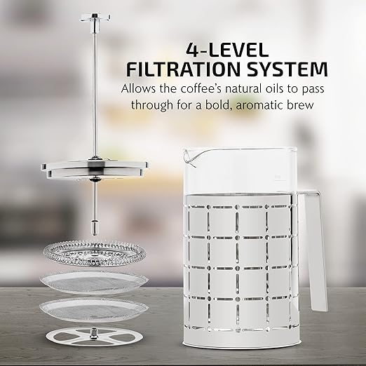 OVENTE French Press Coffee Maker 27 Ounce with Heat Resistant Borosilicate Glass, Stainless Steel Design and 4-Level Filter System, Portable Cold Brewer Pot for Travel, Camping or Gift, Silver FSS27P