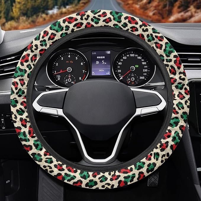 Universal Non-Slip Steering Wheel Cover, 15-inch Polyester Material Driving Accessories, Adjustable for Car and Truck(Artistic Red Green Leopard)