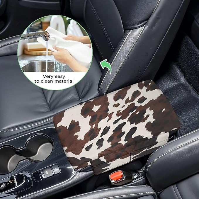 Dreaweet Brown Cow Print Center Console Cover Pad Cute Car Accessories for Women Thick Arm Rest Cover with Pockets for Car SUV Truck Soft Comfortable Car Armrest Cushion