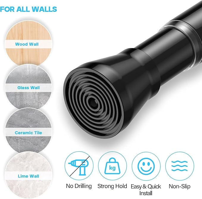 AIZESI Spring Tension Rods Adjustable Tension Curtain Rod Small Tension Rod No Drilling Expandable Spring Loaded Curtain Tension Rod（Black,36" to 63"-4Pcs)