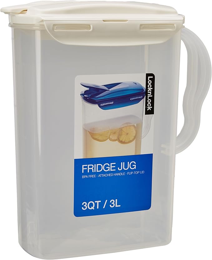 LocknLock Aqua Fridge Door Water Jug with Handle BPA Free Plastic Pitcher with Flip Top Lid Perfect for Making Teas and Juices, 3 Quarts, Ivory
