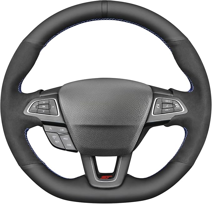 MEWANT Hand Stitch Steering Wheel Cover for Ford Focus MK3 ST 2015-2018 / Focus RS 2016-2018 Black Genuine Leather Suede Custom Fit Wrap DIY Interior Upgrade