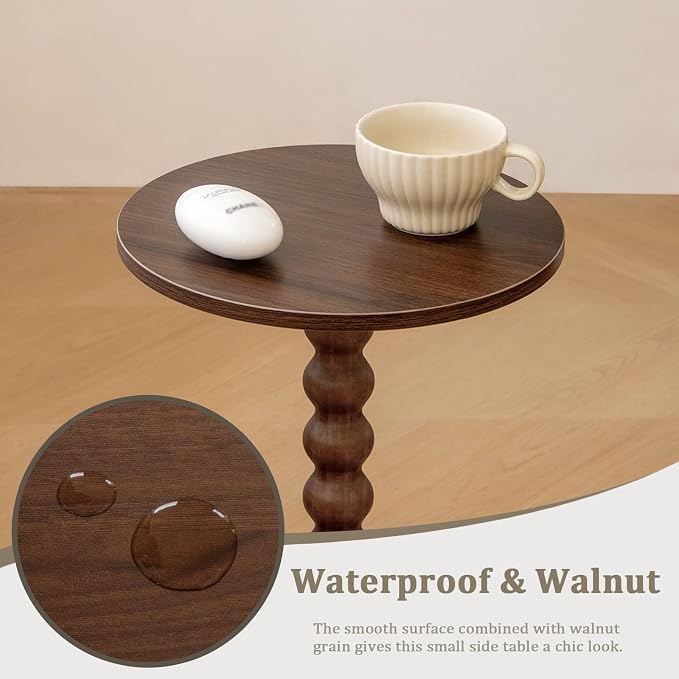 Fultyle Small Round Side Table, Walnut End Table for Small Spaces, Modern Drink Table Accent Table with Solid Wood Leg for Living Room, Bedroom, Corners, and Office (Walnut Brown)