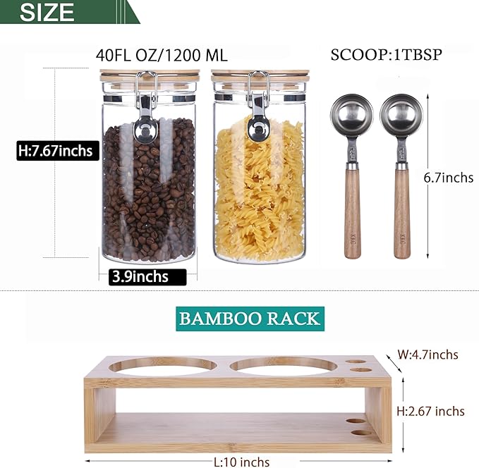 Glass Protein Powder Container Set, 40oz Airtight Collagen Storage Jars with Bamboo Lids & 1 TBSP Measuring Spoons (2 Pack) - Wide Mouth Aesthetic Countertop Dispenser Organizer for Kitchen