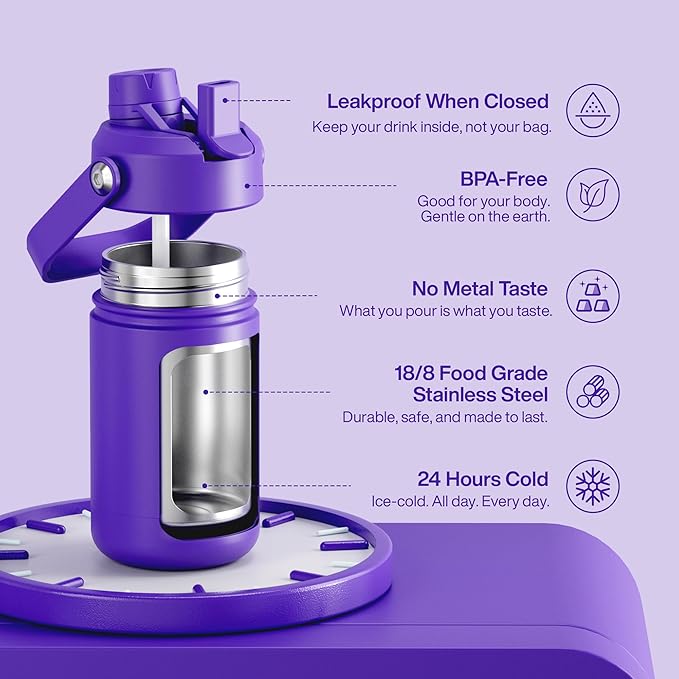 Kids Insulated Water Bottle with Straw - 12oz Stainless Steel Water Bottle with Dual Spouts, Leak-Proof, BPA-Free, Double Wall Vacuum Keeps Cold for 24 Hours for Sports, Travel, School (Violet)