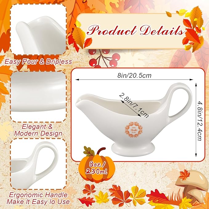 Bokon 2 Pack Thanksgiving White Gravy Boat 8 oz Sauce Boat White Ceramic Sauce Jug with Smooth Handle Creamer Pitcher for Salad Dressing Milk Broth Microwave Dishwasher Safe for Festive Gatherings