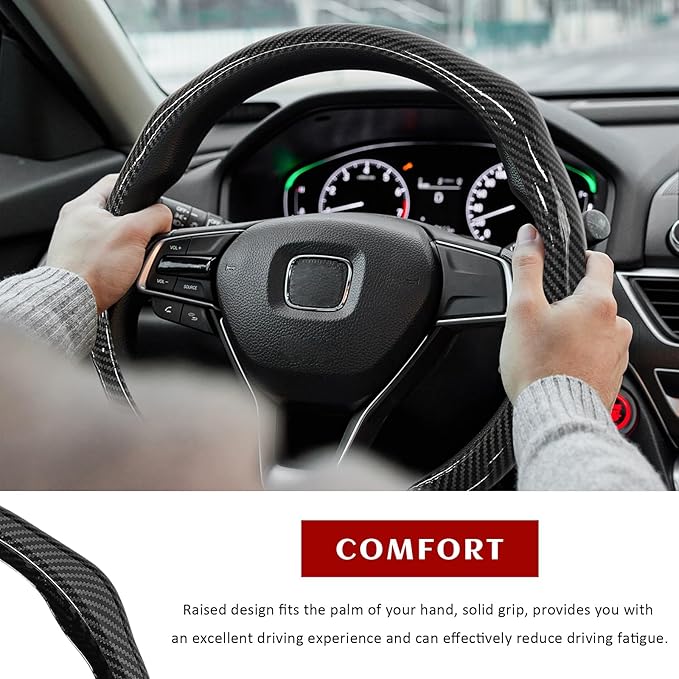 Sun Walker Carbon Fiber Car Steering Wheel Cover, 15" Anti-Slip Wear-Resistant Steering Wheel Protector Stylish Interior Decor, Ultra-Thin Comfortable Leather Wheel Cover for Women Men (Black)