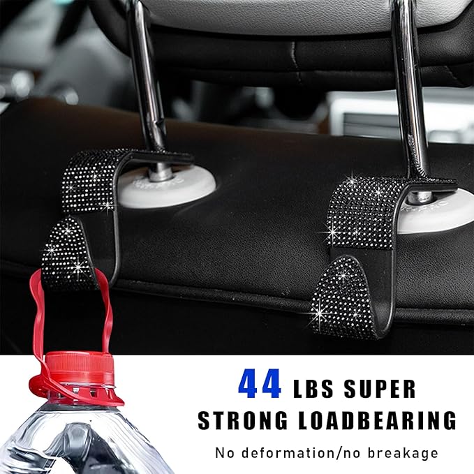 4PCS Bling Car Seat Headrest Hooks, Auto Back Seat Hanging Storage Organizer for Purse Handbag Coat, Rhinestone Vehicle Seat Hanger Holder for Women Girls, Car Accessories (Black)