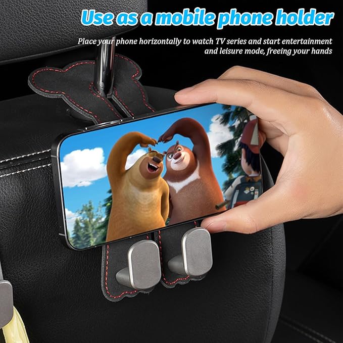 Car Seat Headrest Hook, 2PCS Cute 2 In 1 Vehicle Backseat Hanger Storage Double Hook with Phone Holder, Auto Interior Hanging Organizer Accessories, Universal for SUV Sedan Truck (Brown)
