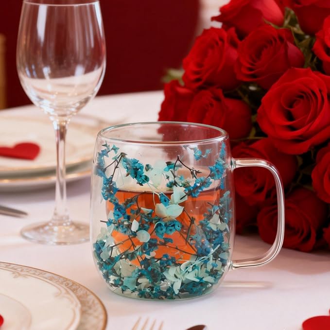 Real Flower Glass Tea Cup, Double Wall Borosilicate Coffee Mug with Preserved Flowers, Clear Aesthetic Floral Glassware, Romantic Gift for Women, Mom, Girlfriend, Mother’s Day & Women’s Day