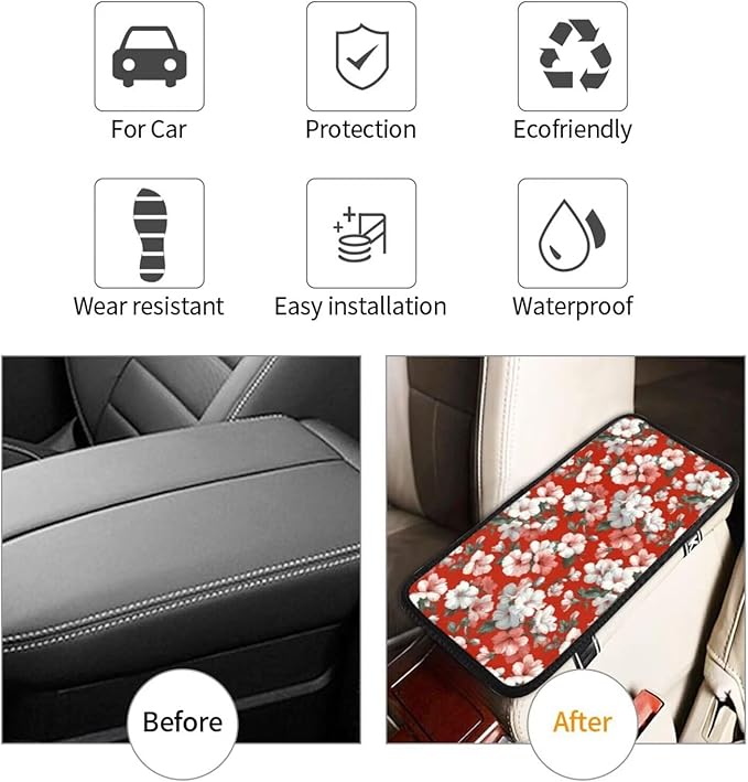 Red Hibiscus Car Center Console Cushion Pad Tropical Hawaii Armrest Seat Box Cover Protector Floral Cute Hawaiian Comfortable Cars Decor Accessories
