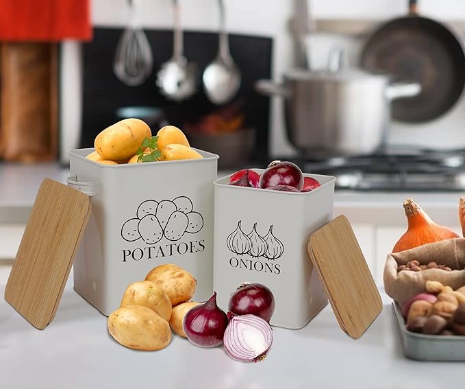 Kitchen Vegetable Storage Tins Set of 2, Onion and Potato Storage Bins with Wooden Lid and Aerating Holes, Garlic Bin Caddy, Vintage Kitchen Decor, White