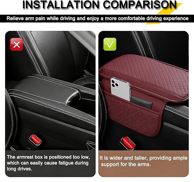 Car Armrest Cover for Mazda CX5 2012-2025, Center Console Cushion Leather Armrest Pad Protector with Storage Pockets Diamond Pattern,Red