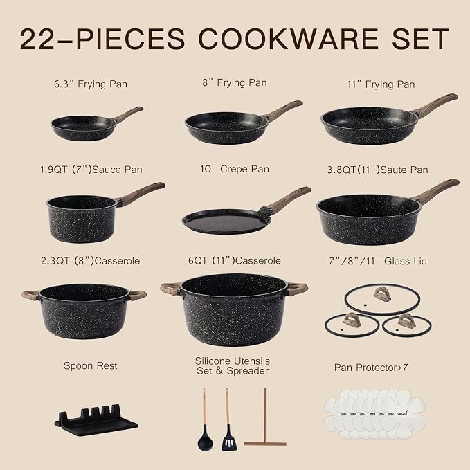 USELUCK Pots and Pans Set Nonstick 22 Pcs, Ceramic cookware set Non-Toxic Coating Inky Granite Kitchen Cookware Set, Induction Kitchen Cooking Set w/Frying Pans & Glass Lids, PFOS & PFOA Free