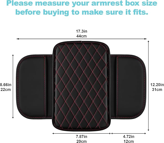 Center Console Cover Fit for Kia Sportage 2005-2025 with 2 Storage Bags Waterproof Leather Quilted Pattern Car Armrest Cover Cushion Anti - Slip(Black&Red Line)