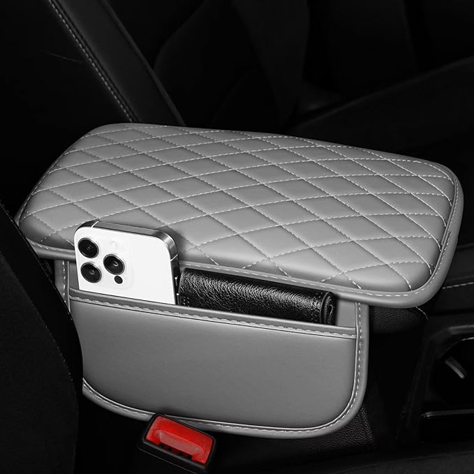 Upgraded Car Center Console Cover Fit for Corolla Faux Leather Car Armrest Cover Cushion with 2 Storage Bags,Car Armrest Storage Box Interior Accessories(Grey&Whiteline)