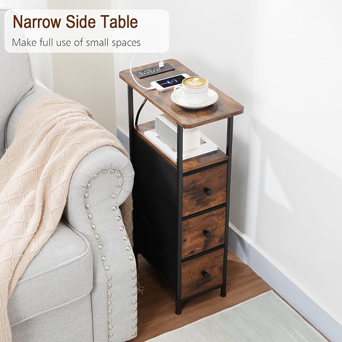 Narrow End Table Living Room with Charging Station, Skinny Side Table with Fabric Drawers, Slim Nightstand for Bedroom, Small Spaces, Couch, Brown, HETNDP03BR-1
