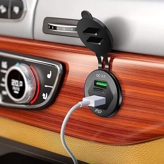 12V USB Outlet Wire USB Charger Multi Port, Dual PD3.0 USB-C and Quick Charge3.0 Car Port Socket IP66 Waterproof, Fast Charge for Phone lPad Android Phones, Suitable for Car Boat RV Marine ATV