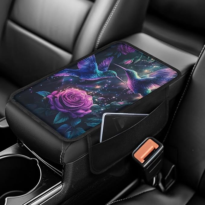 Dreaweet Hummingbird Rose Center Console Cover Fashion Car Accessories for Women,Car Console Covers with Pockets,Universal Armrest Cover Soft Comfy Arm Rest Pad for SUV Truck Van