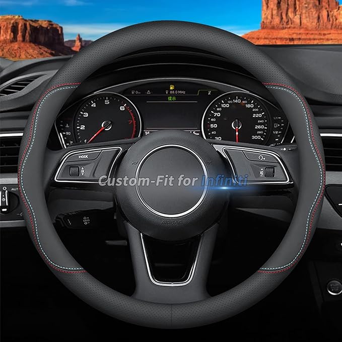 Custom-Fit for Infiniti Steering Wheel Cover, Premium Leather Car Steering Wheel Cover with Logo, Non-Slip, Breathable, for Infiniti Accessories (A-Style,for Infiniti)