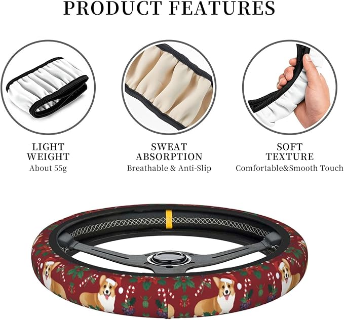 Neoprene Steering Wheel Cover Christmas Corgi Car Steering Wheel Cover Universal Fit for Most Cars