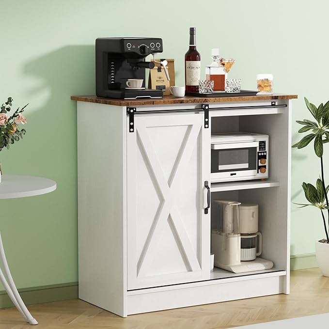 Farmhouse Coffee Bar Cabinet, Coffee Bar Table with Sliding Barn Door, Suitable for Kitchen, Dining Room and Living Room
