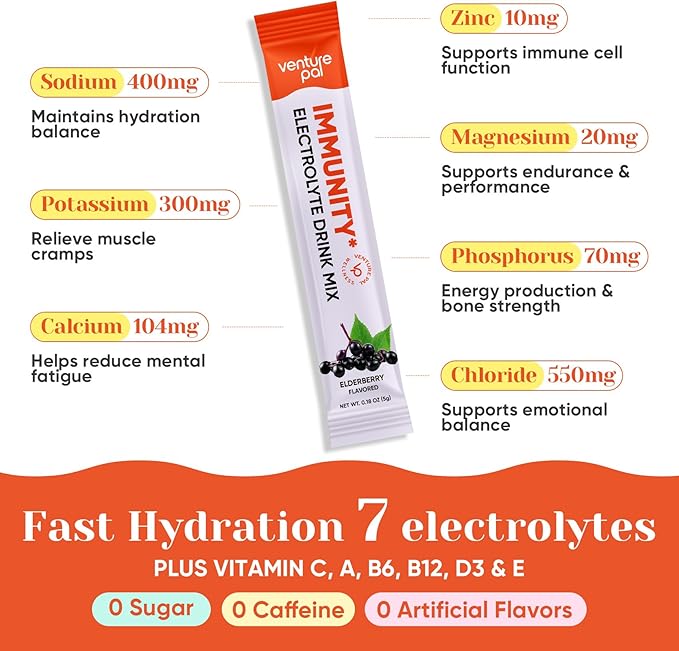 Venture Pal 2-in-1 Hydration + Immune Electrolytes Powder Packets with 7 Electrolytes & 6 Vitamins, Elderberry, Turmeric, Echinacea | Liquid Daily IV Drink Mix | Sugar Free | Keto Friendly, 16 Sticks