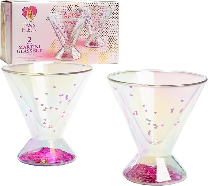 Paris Hilton 2-Piece Martini Glass Set, Double Wall Glass Design, Great for Martinis, Cocktails, Cosmopolitans, Margaritas, 207mL, 7-Ounce, Iridescent with Glitter Hearts