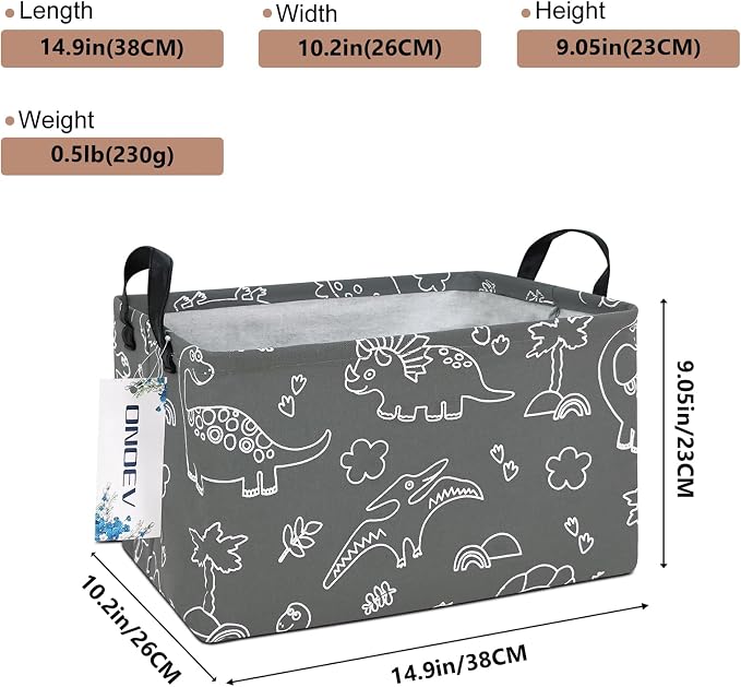 Rectangular Dinosaur Pattern Storage Bin, Decorative Canvas Laundry Basket with Dual Handles,Foldable Household Toy Organizer,Multipurpose Party Gift Basket for Bedroom Dorm(Gray Line Dinosaur)