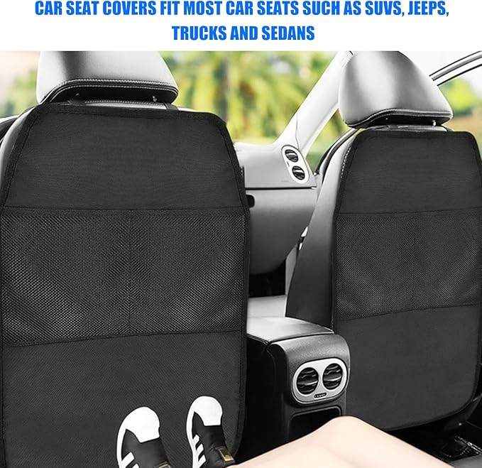 2 PCS Back Seat Cover for Kids, Car Kick Mat Seat Protector with 2 Storage Pockets, Premium Water Resistant Backseat Kick Mats Protect Vehicle from Dirt, Mud, Scratches