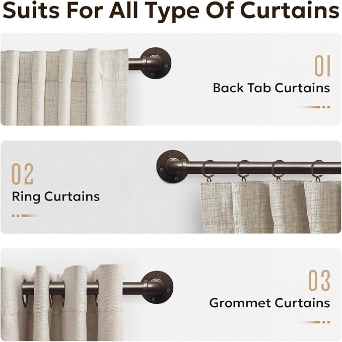 Zeerobee Curtain Rods for Windows 72 to 144, 1 Inch Industrial Wrap Around Antique Bronze Curtain Rod, Indoor/Outdoor Room Divider Adjustable Drapery Pole, 72"-144"