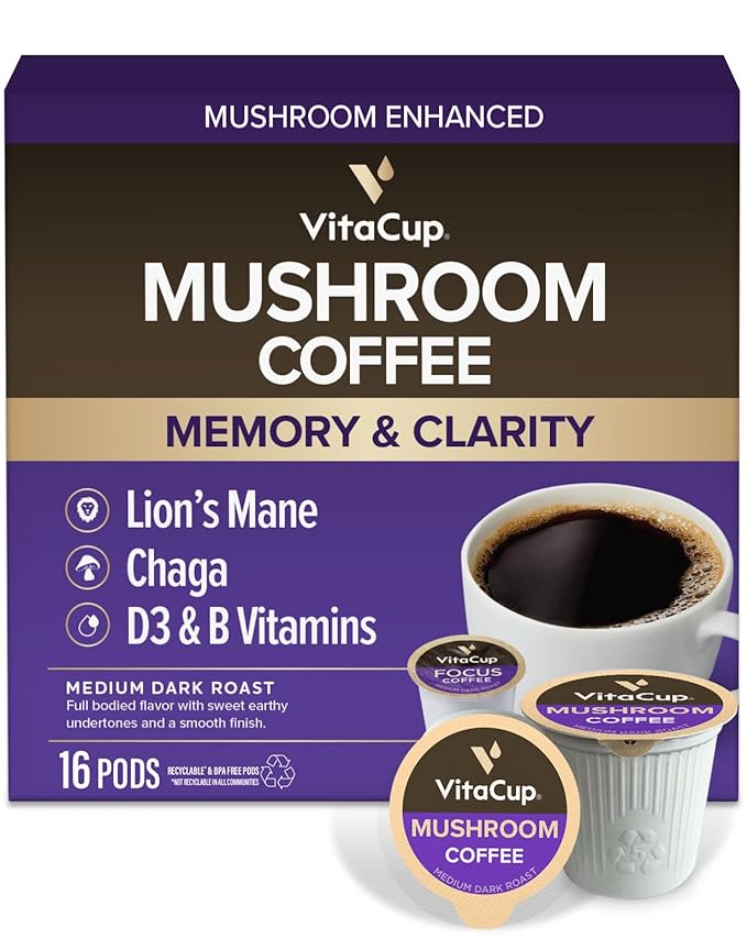 VitaCup Mushroom Coffee Pods, Boost Focus & Immunity w/Lions Mane, Chaga, B Vitamins, D3 for Memory & Clarity, Medium Roast, Single Serve Pod Compatible w/Keurig K-Cup Brewers,16 Ct