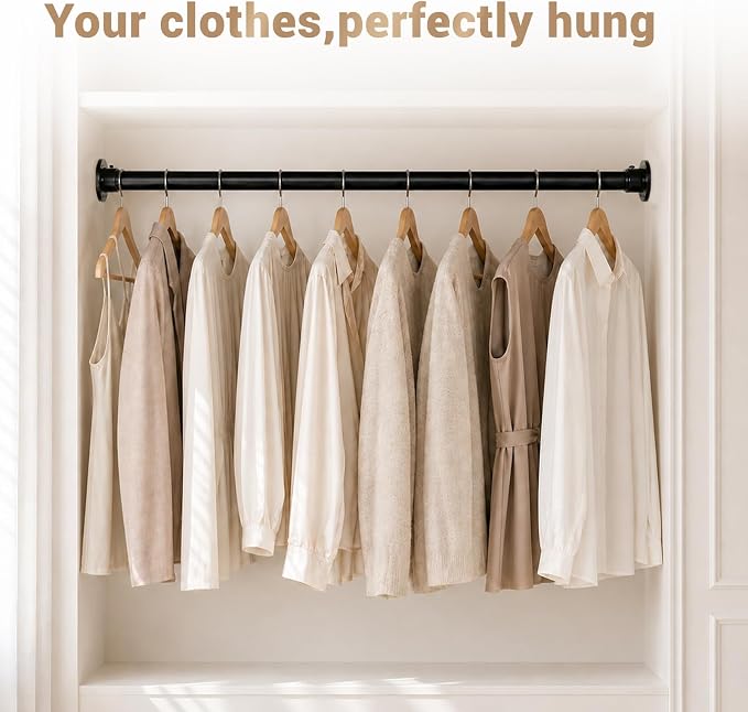 Closet Rod Adjustable 17 to 38 Inch, 1-1/4” Diameter, Closet Rods for Hanging Clothes, Stepless Metal Heavy Duty Hanging Rod for Closet Wardrobes Laundry RV (Black)