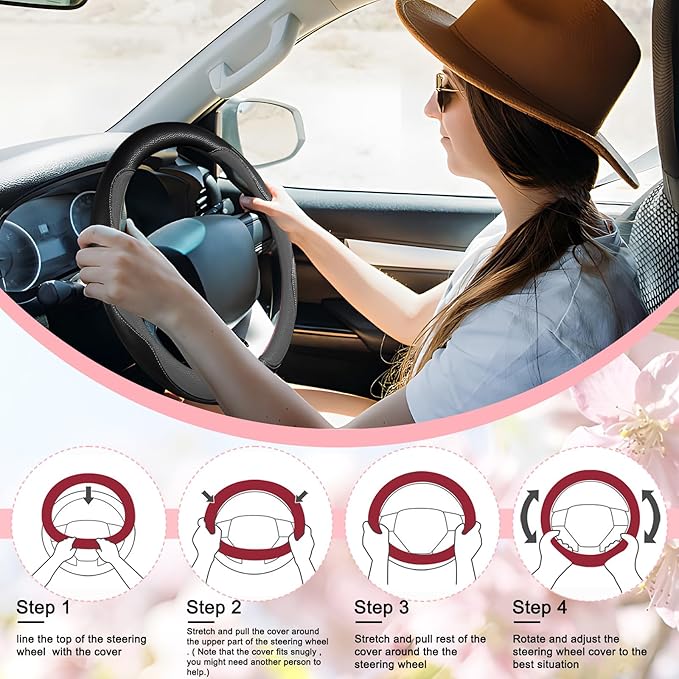 SuperKaKa Gray and Black Car Steering Wheel Cover 2025, Universal Auto PU Cute Breathable Slip-Proof Comfort Imitation Leather Protector Cars Interior Accessories for Women Men Fit Most Vehicle